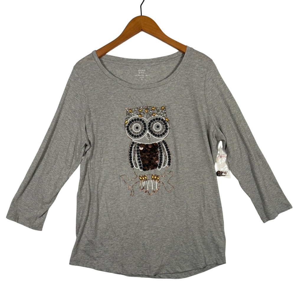 Crown & Ivy Authentic T Shirt XL Heather Gray Owl Sequin Beaded Graphic NWT